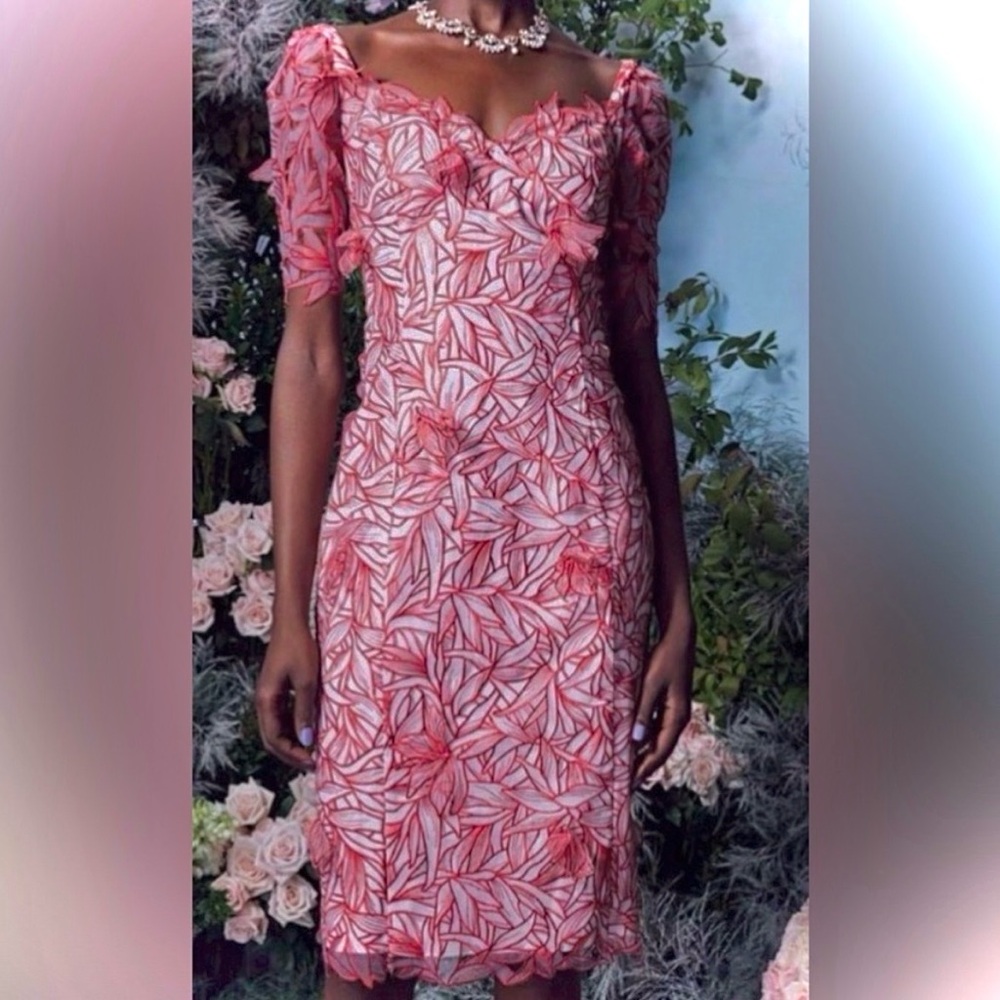MARCHESA NOTTE Red Sheer Floral 3D Dress NWOT Size 4